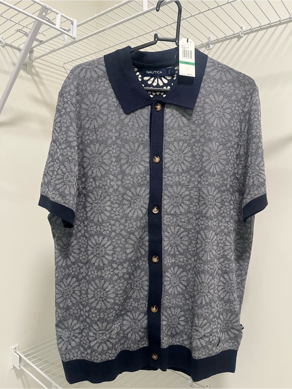 Nautica Men's Navy and Gray Short-Sleeve Button-Up Polo Cardigan